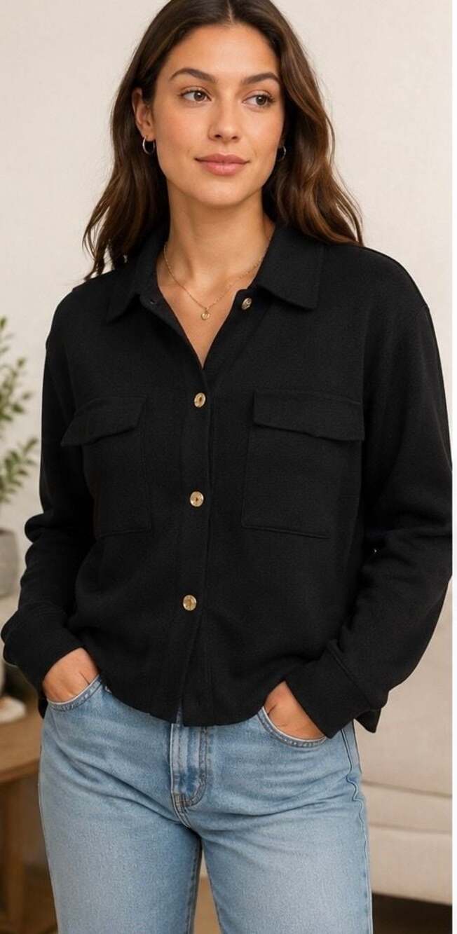 Anne Klein Black Button-Down Knit Shirt Jacket Size L